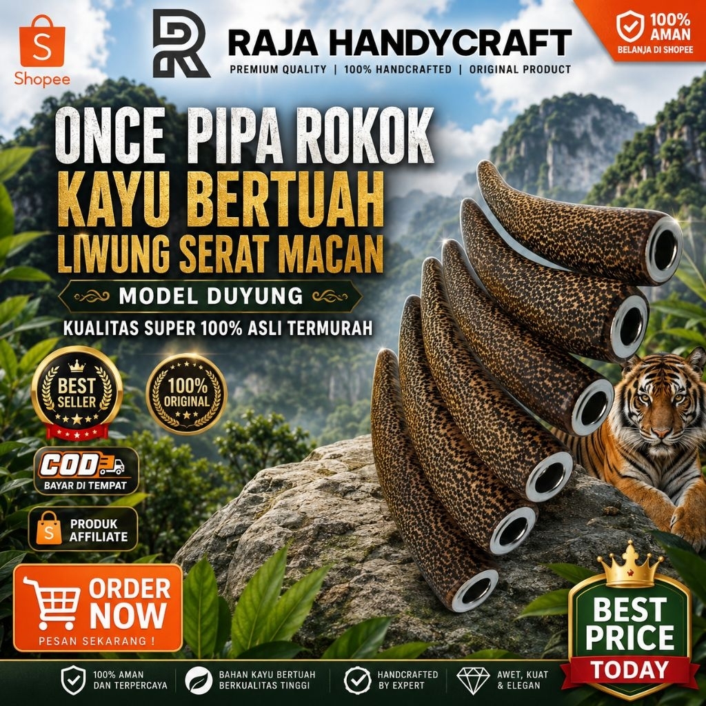 RAJA HANDYCRAFT | Once Pipa Rokok Kayu Bertuah Liwung Serat Macan | Model Duyung | Kualitas Super 10