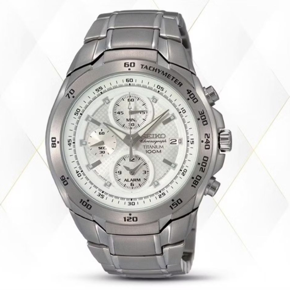 Jam Tangan Pria Seiko SNAB87 Quartz Chronograph White Dial All Titanium