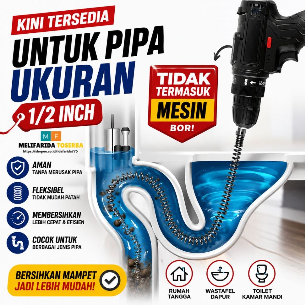 Pipe Cleaner Kawat Pembersih Saluran Pipa Mampet Dengan Adaptor Bor