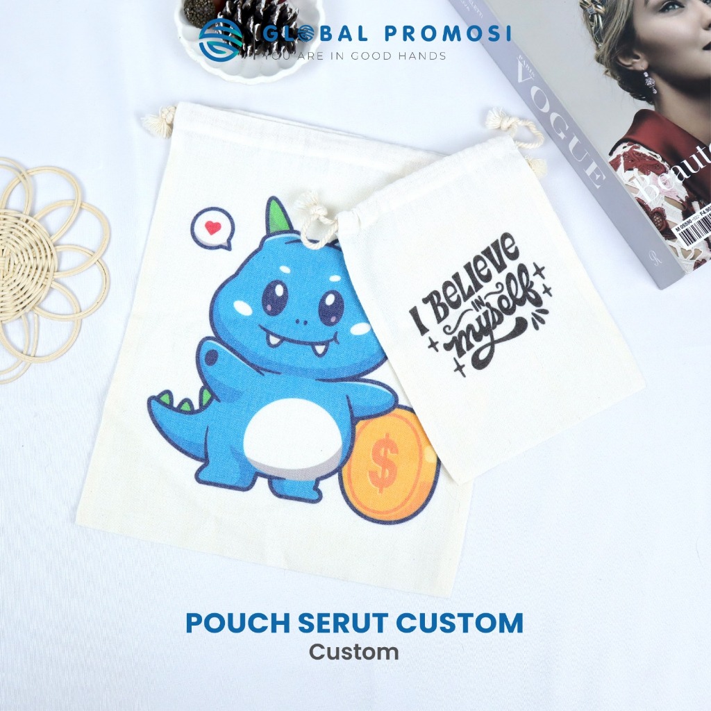 Custom Pouch Serut Blacu Tebal Polos / Sablon Logo Tas Serut Souvenir Multifungsi Souvenir Promosi K