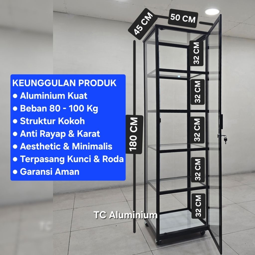 Lemari Display TC ALUMINIUM 50x45x180 Rak 5 Susun Kaca Display Pajangan Serbaguna Besar 20U