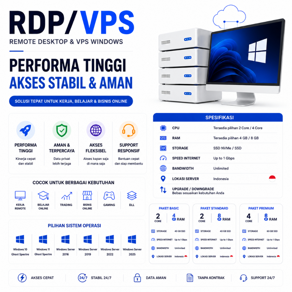 RDP / VPS RAM 8 GB 4 CORE | RAM 8 GB 2CORE | RAM 4 GB 2CORE ANTI MATI RDP BULANAN BISA DI PERPANJANG