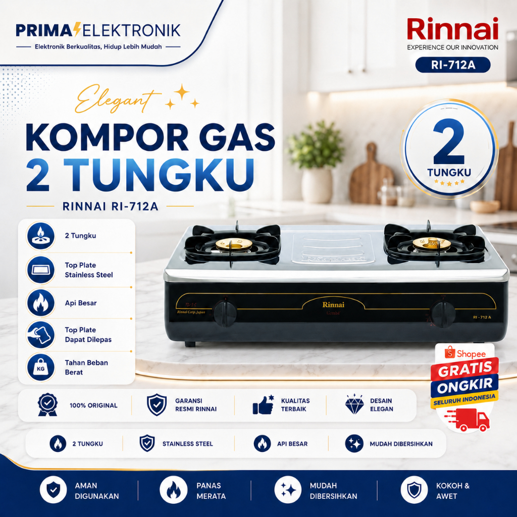 RINNAI KOMPOR GAS RI 712A KOMPOR GAS 2 TUNGKU/RI712A/RI712 A/RI 712A/RI 712 A/ORIGINAL/GARANSI RESMI
