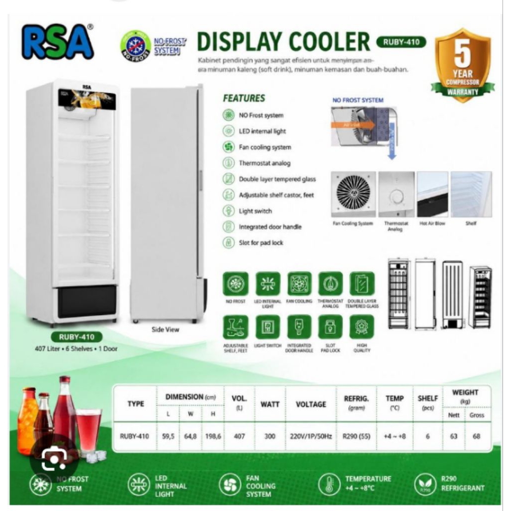 Rsa Display Cooler Ruby-410 Putih 407 Liter 6 Rak 1 Pintu No Frost 220V
