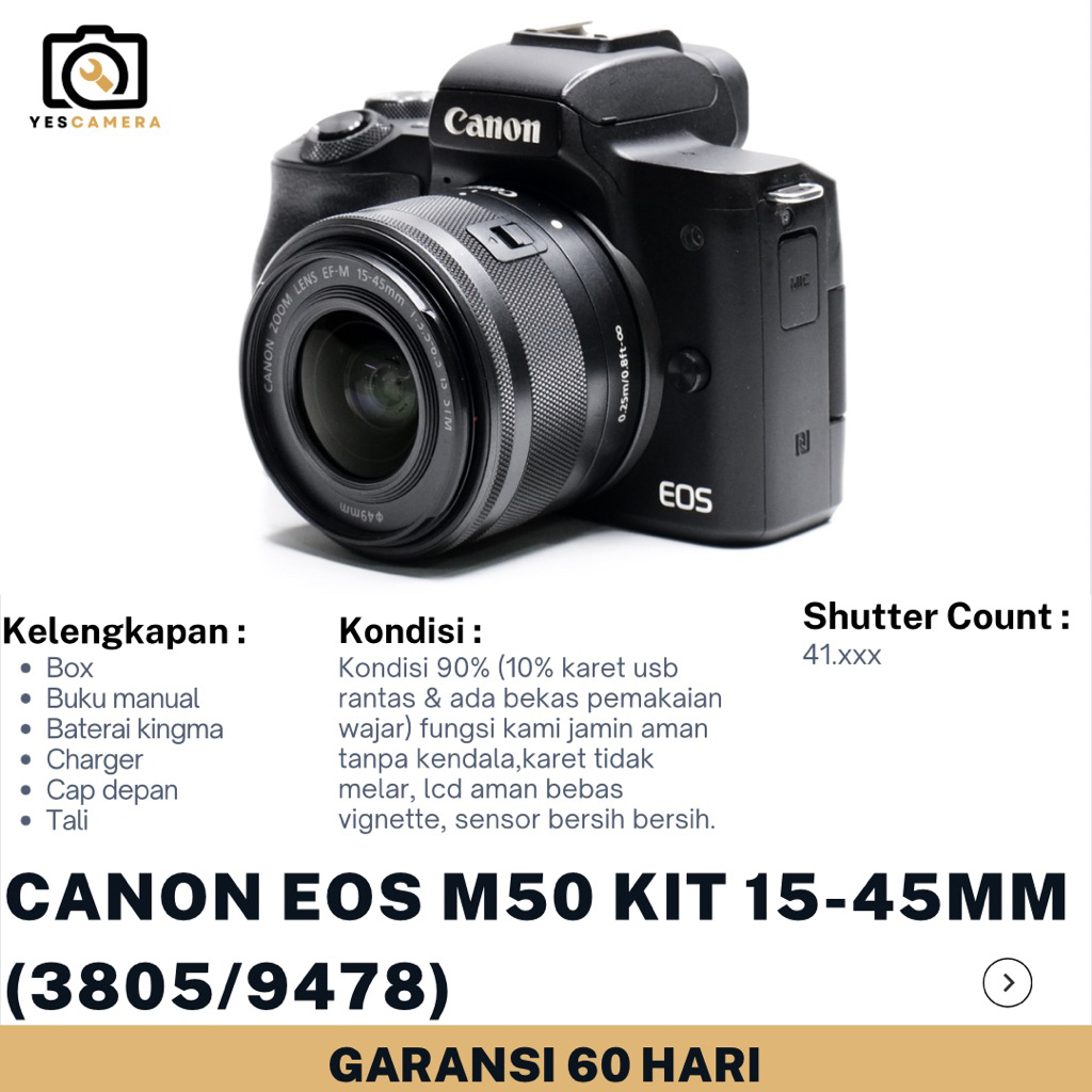 Canon Eos M50 Kit 15-45mm (Bekas) - 24,1MP, Video UHD 4K, Touchscreen, Wifi, NFC, Bluetooth - Fullse