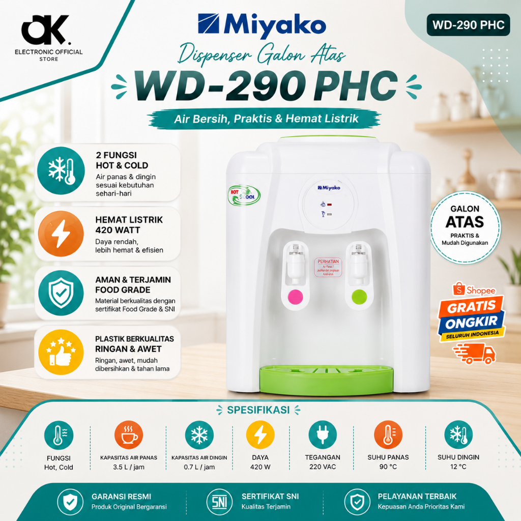 MIYAKO DISPENSER GALON ATAS WD 290 PHC/WD290PHC/WD-290-PHC/WD290HC/ORIGINAL MIYAKO/GARANSI RESMI