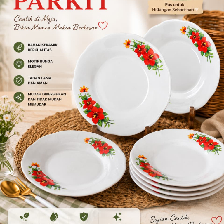 Piring Makan Keramik/ Piring Keramik Motif Bunga/ Piring Parkit 1 Lusin 8inci