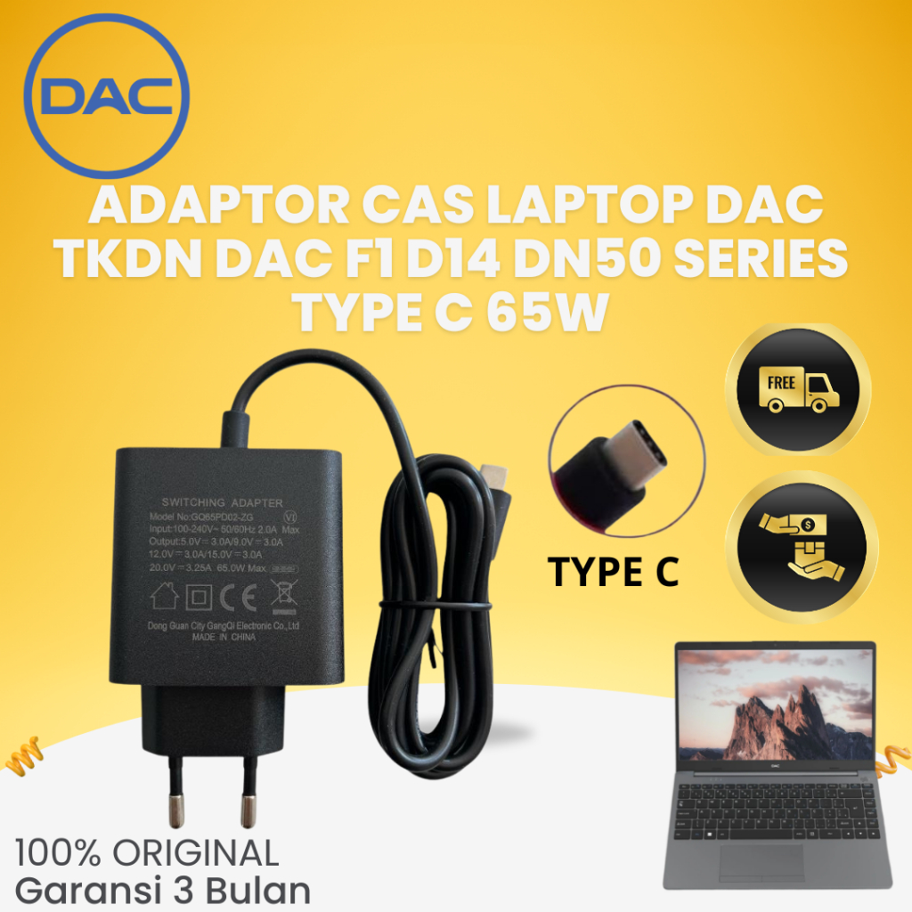 ADAPTOR CAS LAPTOP TKDN DAC F1 D14 DN50 | CAS LAPTOP SERIES  TKDN DAC TYPE C 65WATT GARANSI 3 BULAN 