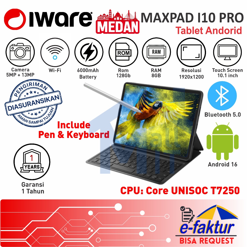 MALLIT IWARE BMAX MAXPAD i10 Pro 4+20GB Virtual / 128GB 10.1 Inci Unisoc T7250 Tablet Android 16 Wit