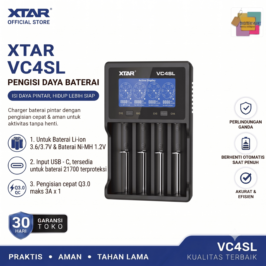 XTAR VC4, Charger Baterai 4 Slot untuk Li-ion & Ni-MH dengan LCD