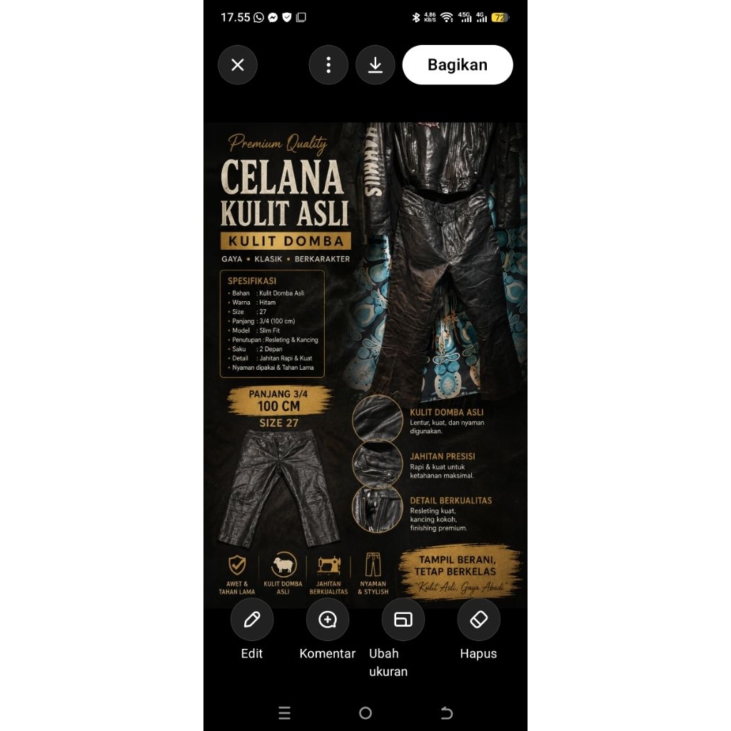 CELANA KULIT ASLI. KULIT DOMBA SIZE 27