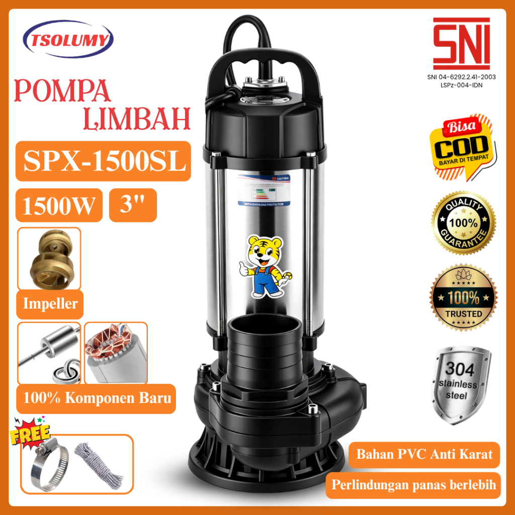 Tsolumy Pompa Celup Air Kotor SPX-1500SL Pompa Tambak Pompa Lumpur Pompa Banjir Limbah Outlet 80mm