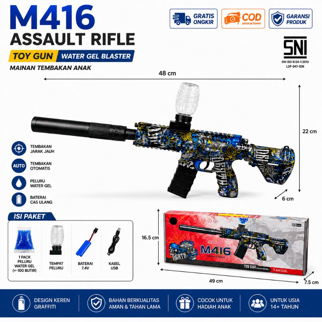 Mainan Tembakan Peluru Gel Air M416 Automatic Gel Blaster Electric WGB Motif Grafiti Baterai Cas 7.4