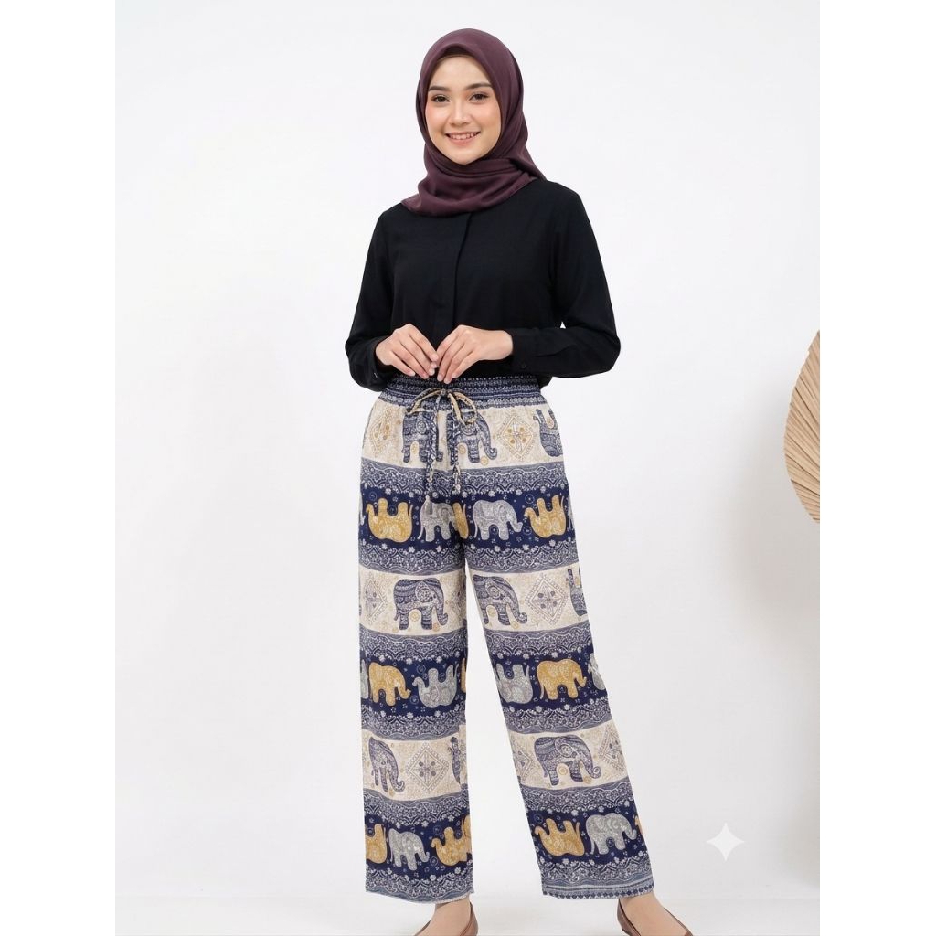 Celana Kulot Wanita Jumbo Rayon Motif Gajah Part 2 Kain Bali Nyaman Panjang - Gjh etnik hitam, Kulot