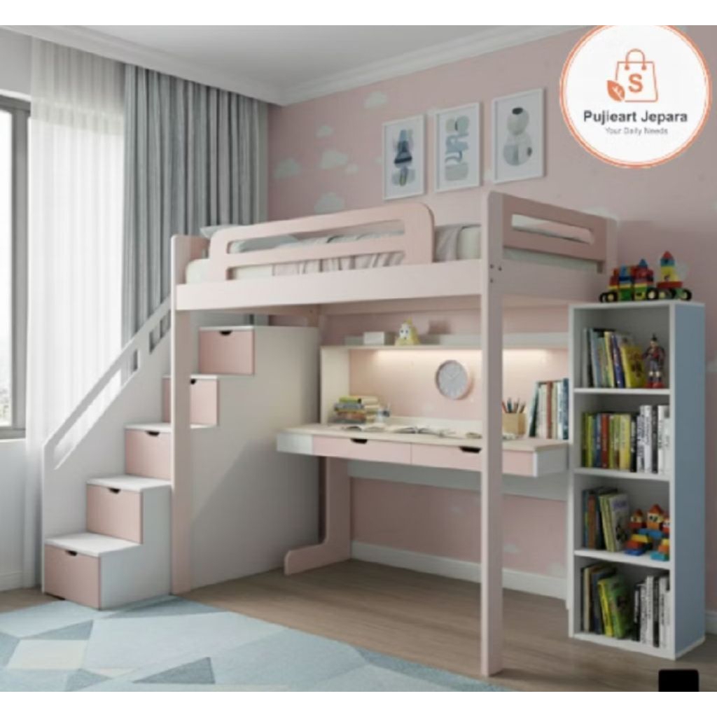 tempat tidur anak tingkat 1set meja belajar dan rak bahan kayu jati pinos