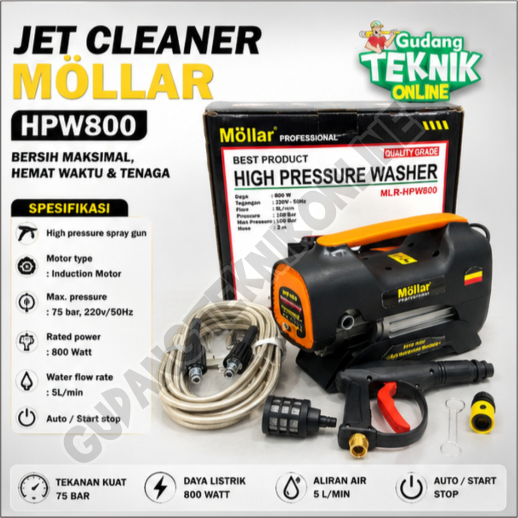 Mesin Jet Cleaner MOLLAR MLR-HPW800 / Mesin Steam Stim Cuci Motor Mobil Listrik Pressure Washer MLR 