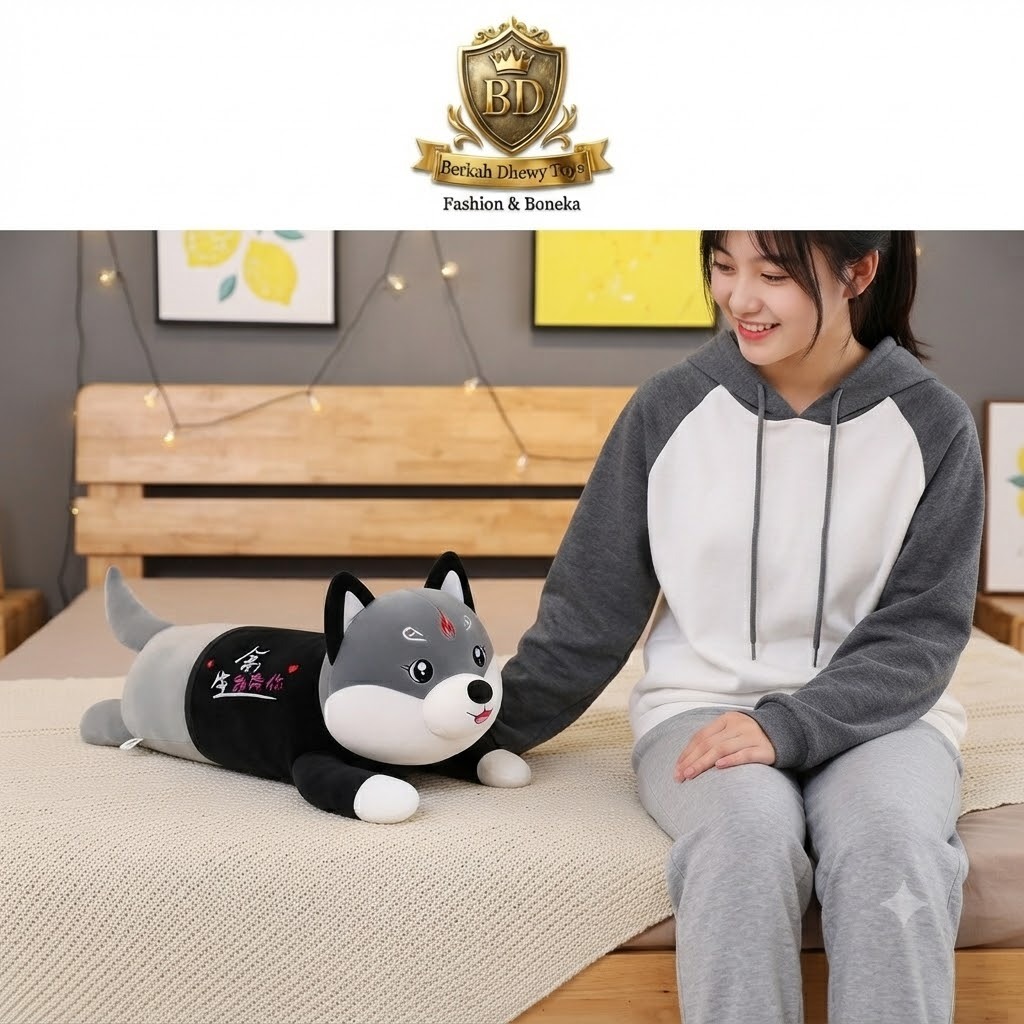 Guling Kucing Lying Premium Boneka Karakter Anjing Husky Anak Ukuran 50cm Halus Lembut SNI