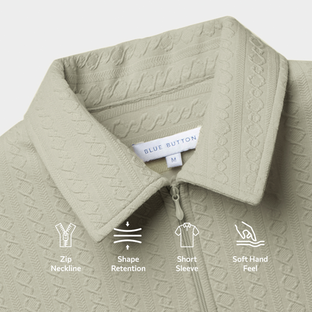 BLUEBUTTON Polo Shirt Zipper Neck Jacquard Knit Sage Green