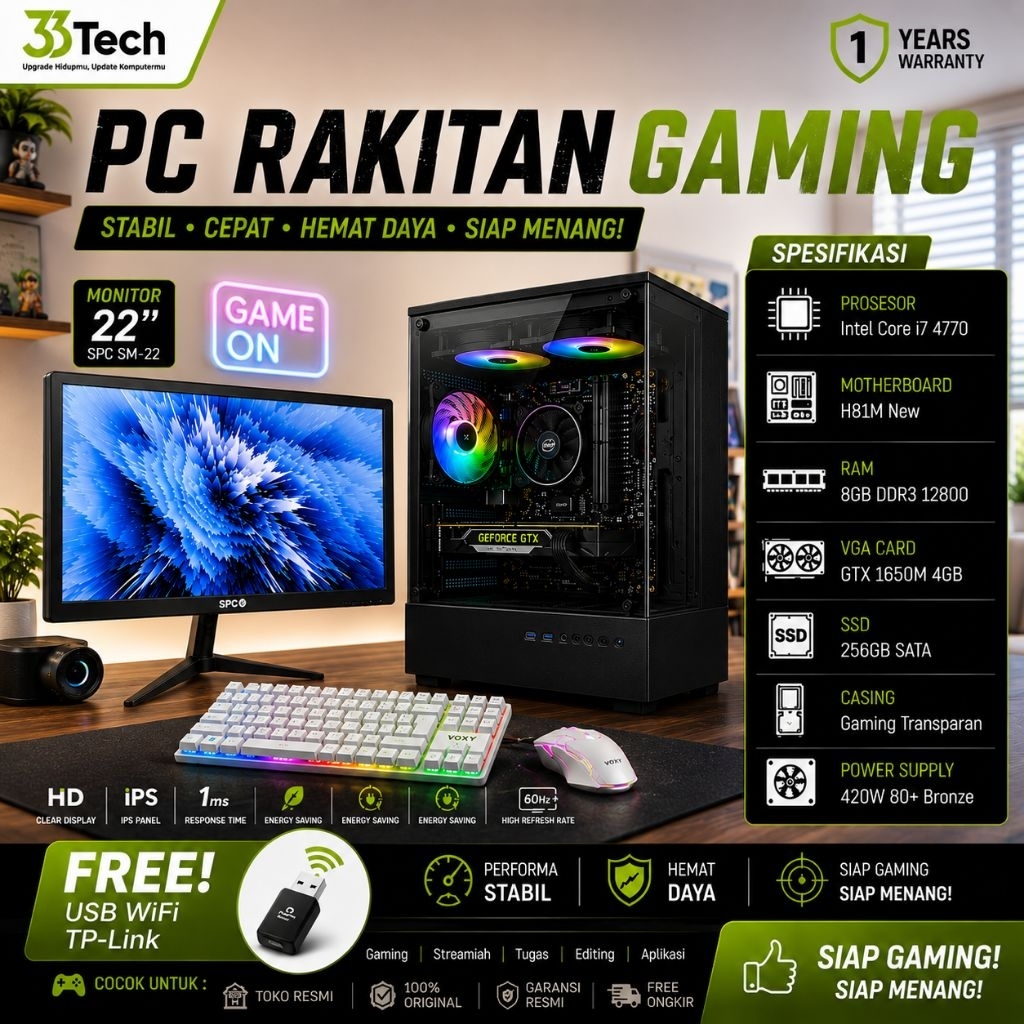 1 Set PC Gaming Editing Core i7 4770 VGA GTX 1650 RAM 16GB SSD 256GB Monitor 22 Inchi Fullset PC Edi