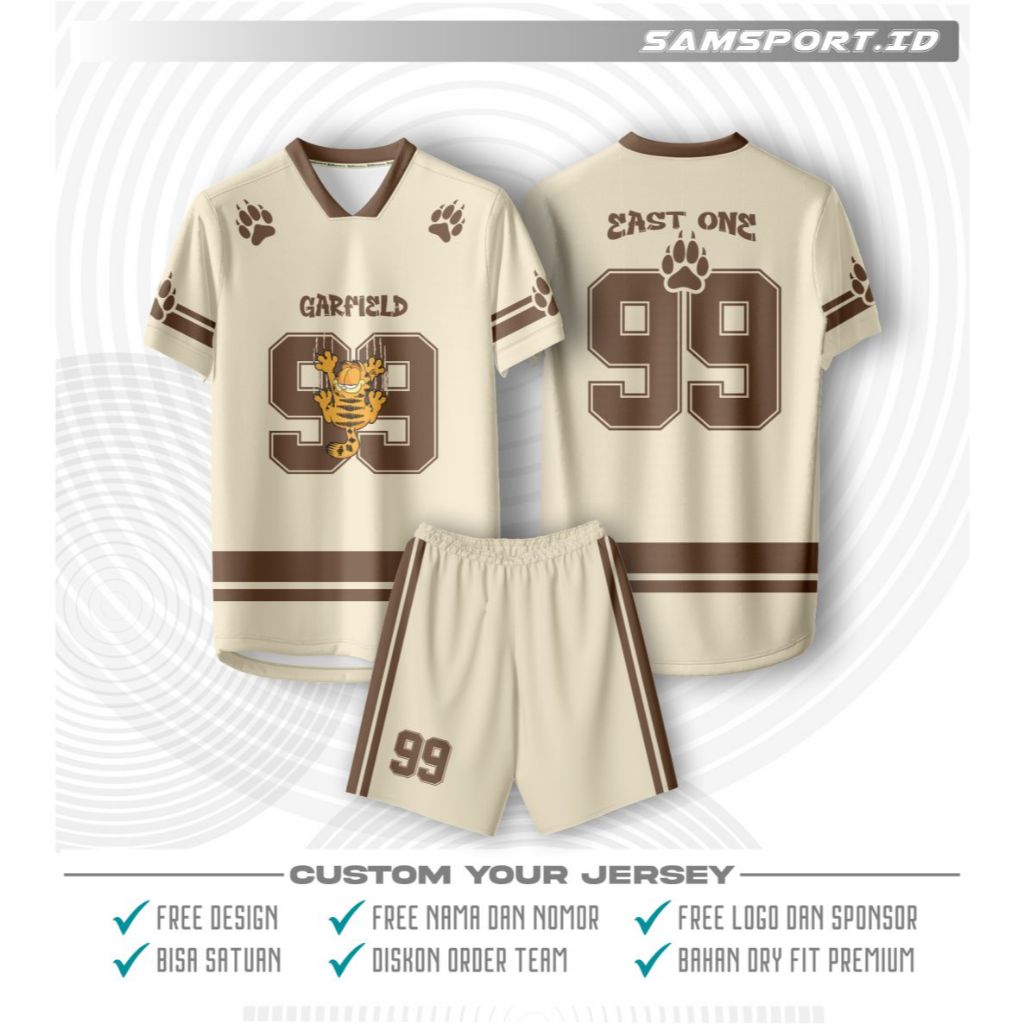 Set Jersey Bola Anak Garfield 99 dengan Celana Pendek Custom Your Jersey