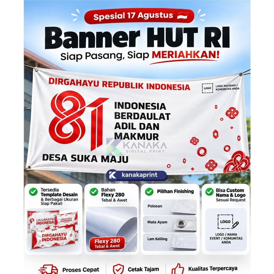 Banner HUT RI 17 Agustus Custom | Banner 17an Semua Ukuran | Spanduk Kemerdekaan Flexy 280 Tebal | B