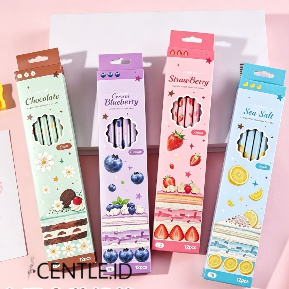 Pensil Estetik Motif Dessert 12 PCS PNS-2330 Varian Cokelat, Krim Blueberry, Stroberi dan sea Salt