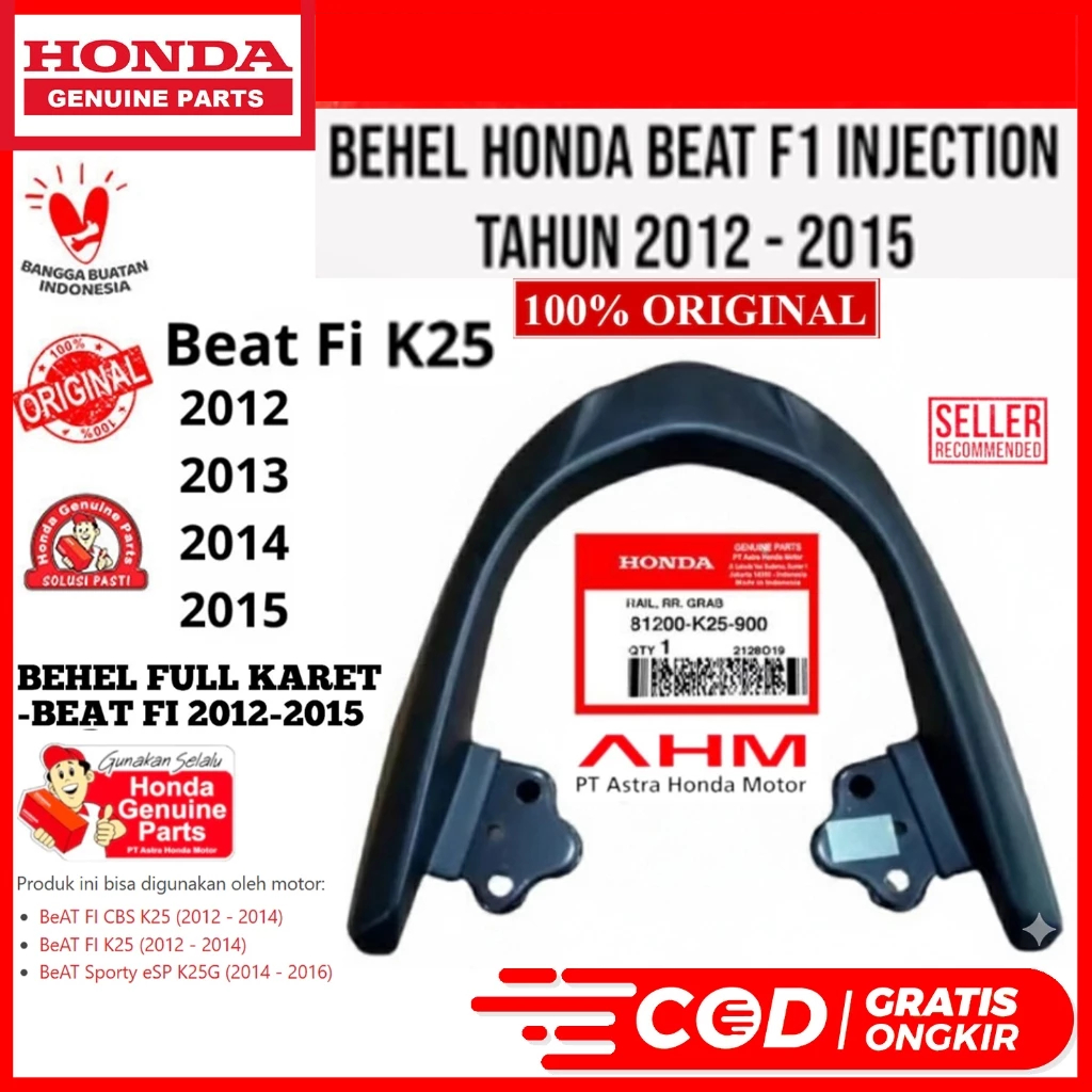 BEHEL JOK BELAKANG PEGANGAN FULL KARET HONDA BEAT FI INJEKSI 2012 - 2015 K25 ORIGINAL 81200-K25-900