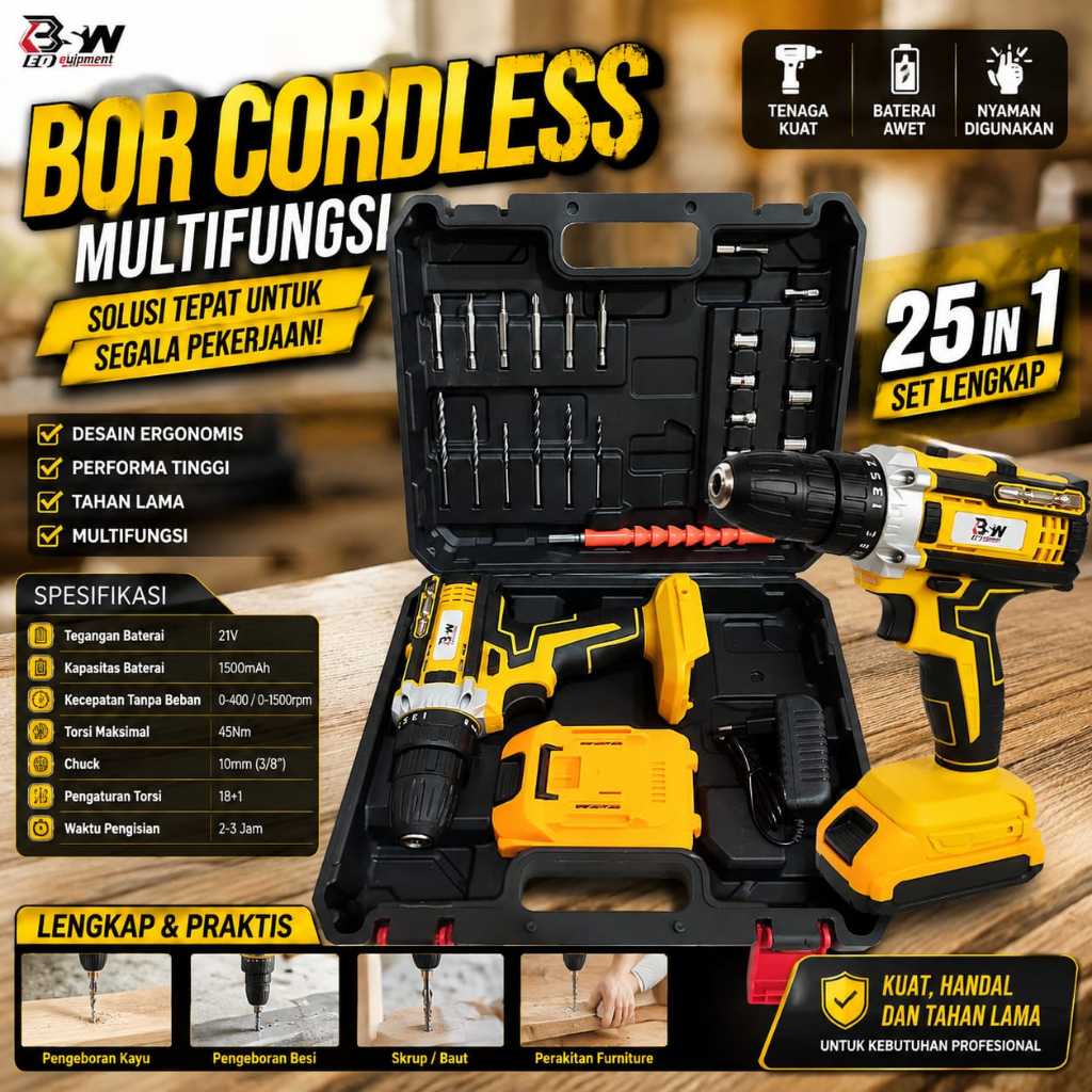 BSW Mesin Bor Baterai Cas 10mm Bor Listrik Murah Bor Tangan Baterai Besi Tembok Beton Kayu Cordless 