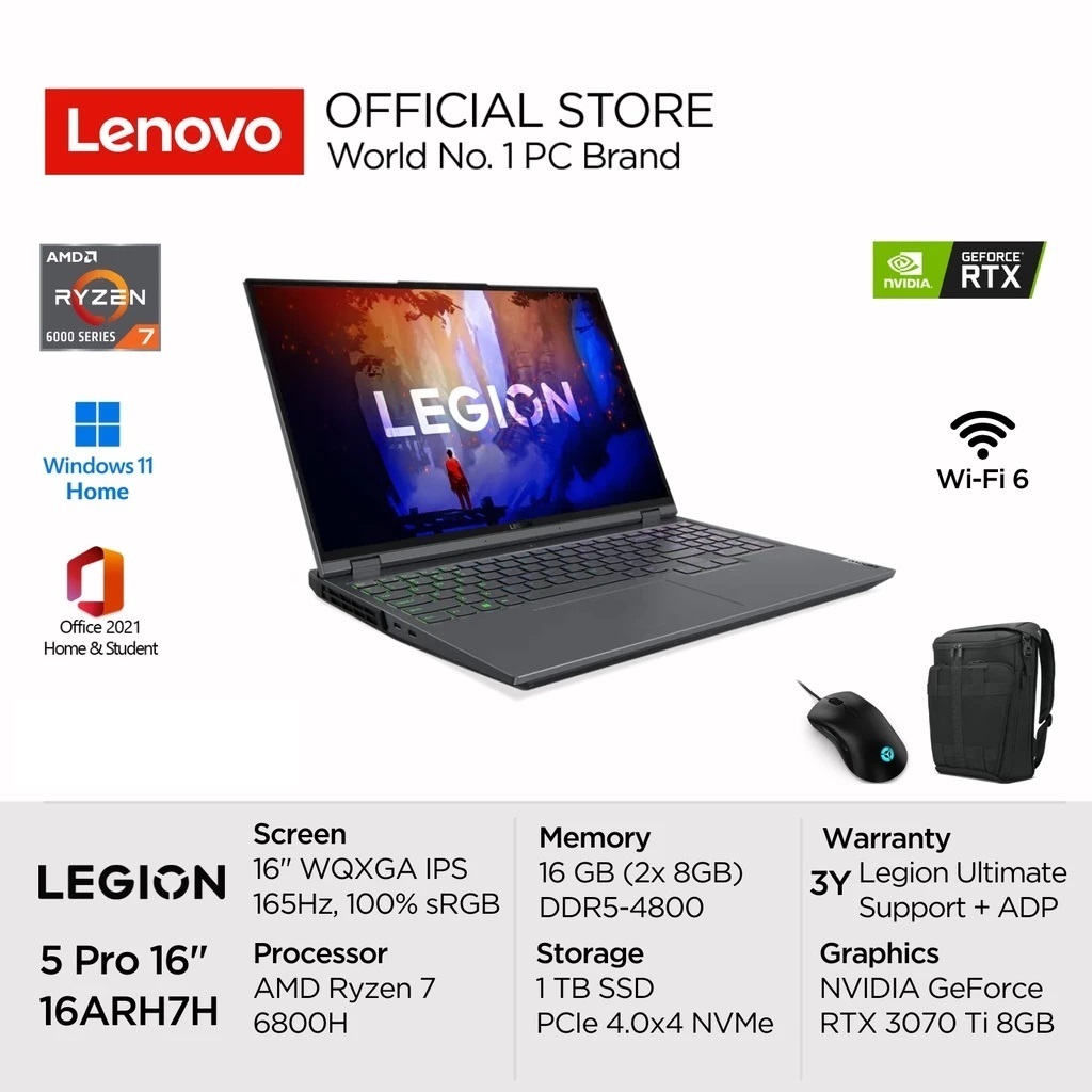 Lenovo Legion 5 Pro Ryzen 7 6800H 16GB 1TB RTX 3070 Ti 8GB W11+OHS 16" WQXGA Include Asuransi
