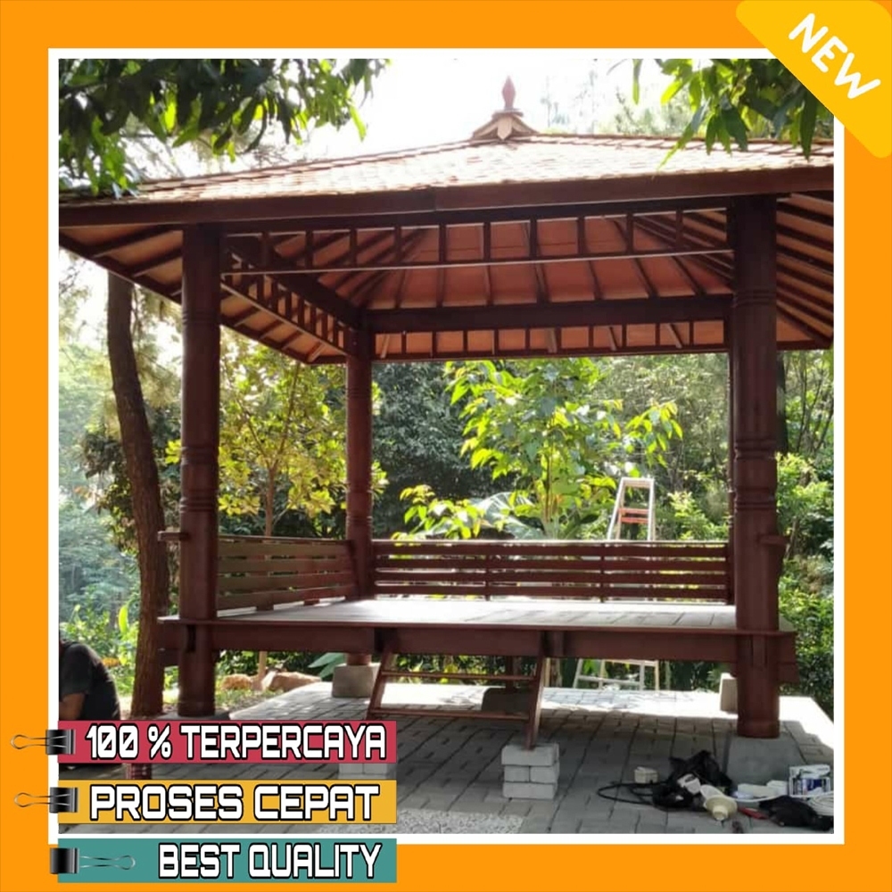 Gazebo Taman Ukuran 300x300 cm Kayu Kelapa Tiang Motif Atap Sirap Kayu Ulin | Gasebo Taman Rumah | H