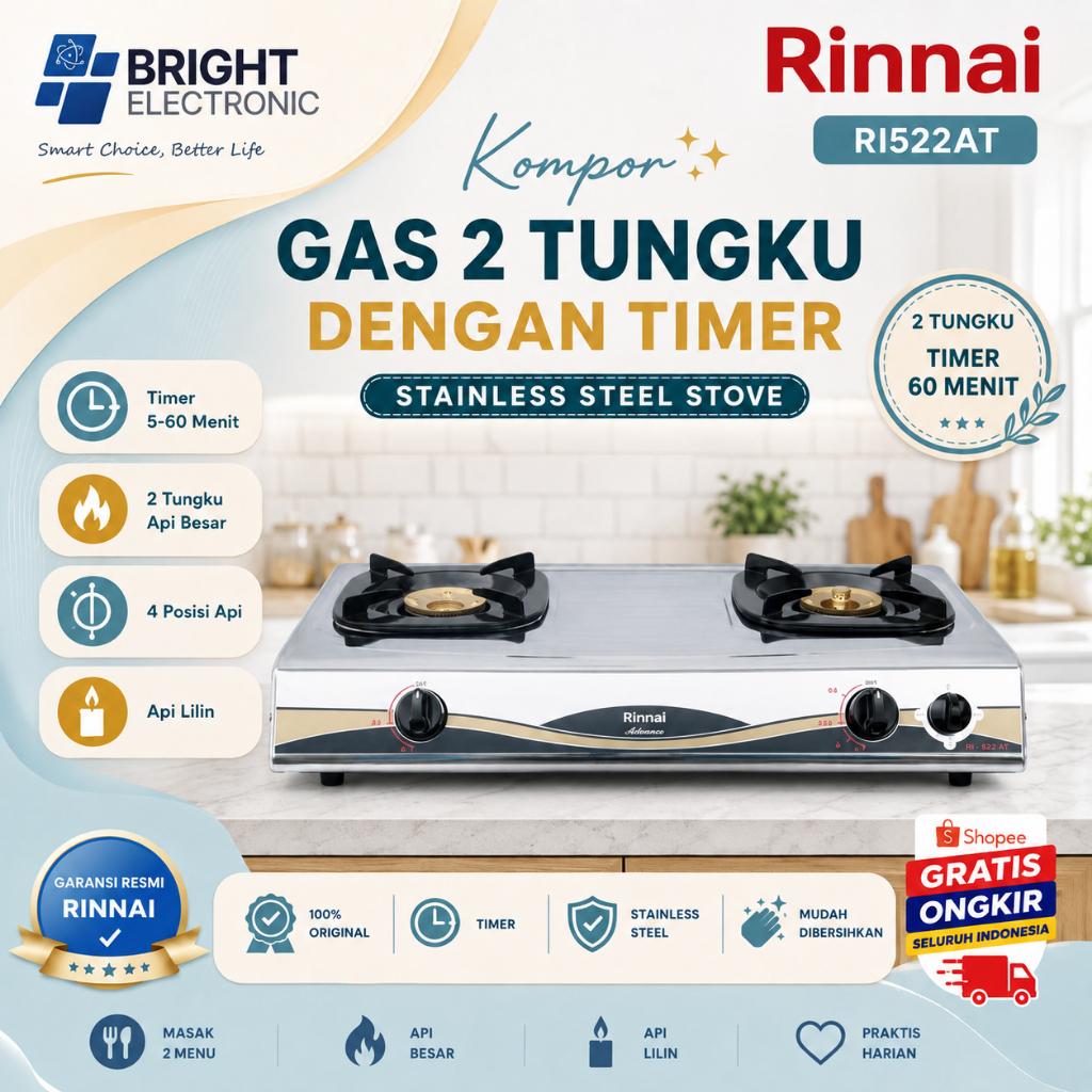 KOMPOR GAS RINNAI RI522AT 2 TUNGKU ORIGINAL MURAH/RI-522-AT/RI-522AT/RI 522AT/RI 522 AT/RI-522 AT/