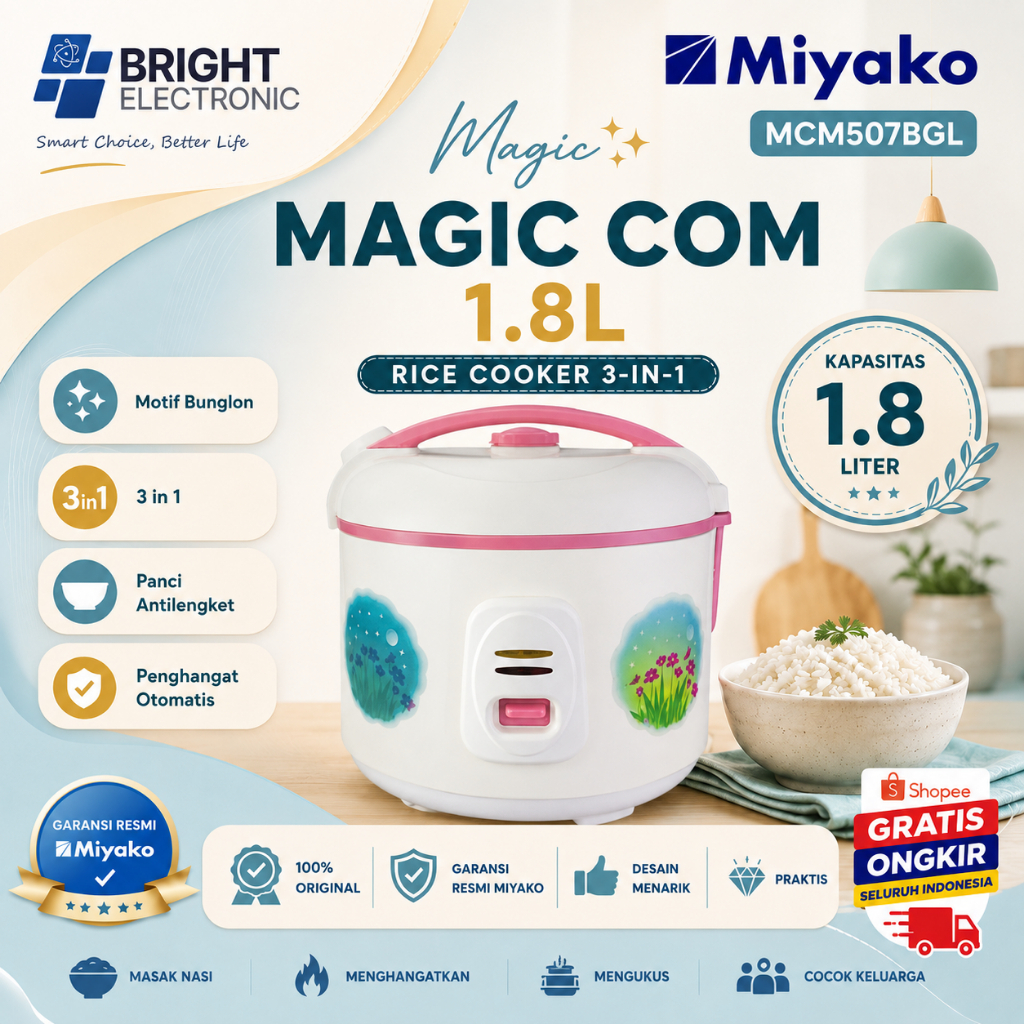 RICE COOKER MIYAKO 3in1 MCM507BGL 1.8L/MCM-507BGL/MCM 507BGL/MCM 507 BGL/MIYAKO RICE COOKER 1.8L ORI