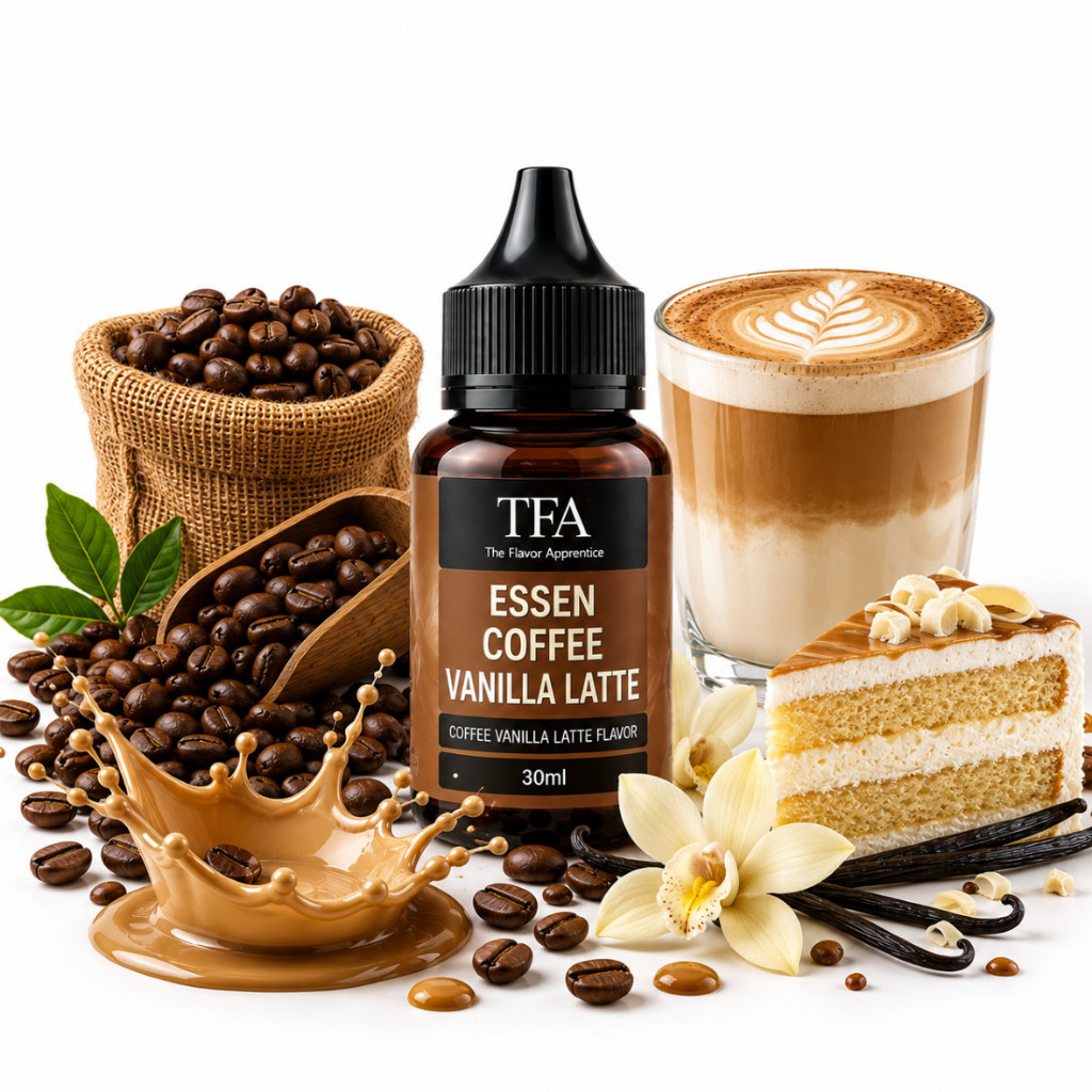 TFA Essen Coffee Vanilla Latte Flavor 30ml Botol Kaca Hitam Aroma Kuat Rasa Premium