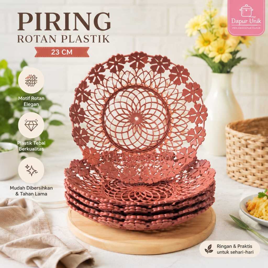 sentra_prasmanan 12 Pcs Piring Anyam/ Piring Rotan Plastik/ Piring Motif Bunga Timbul Calista