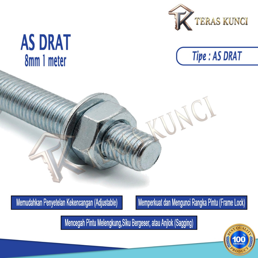 Trekstang Pintu Aluminium Batang Terod AS Drat + Mur + Ring 8mm 1meter