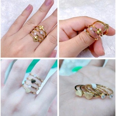 Cincin Set Titanium 4 Pcs Cincin Motif Kembang Kombinasi Sircon - Gold Size 5