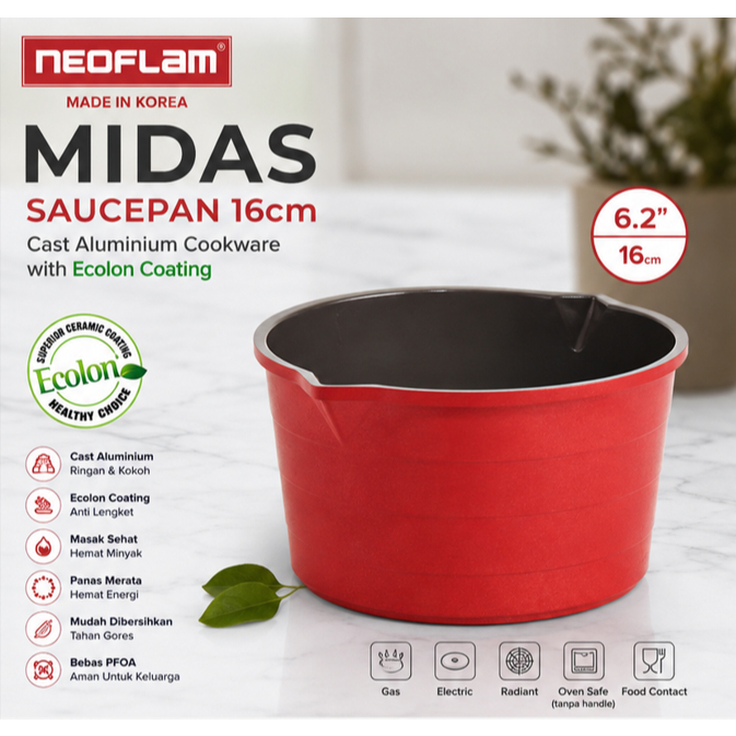 NEOFLAM MIDAS Saucepan 16cm Ecolon Coating Panci Aluminium Cor Anti Lengket Made in Korea Original