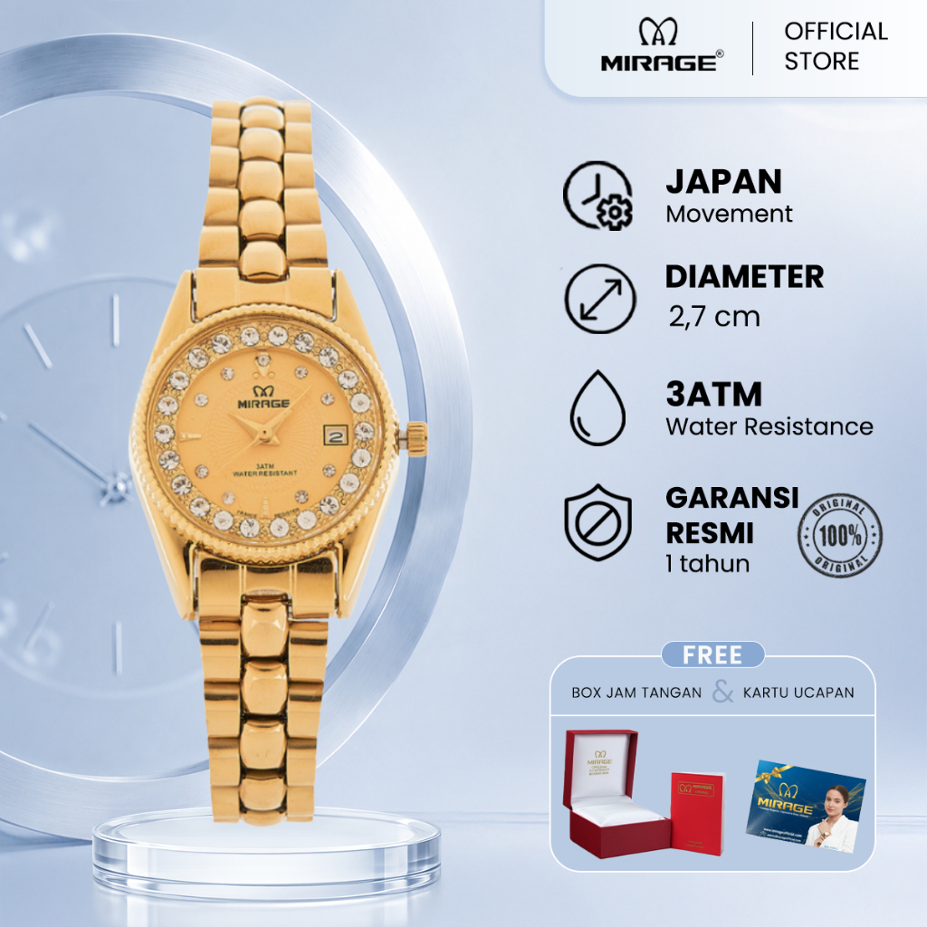 Mirage Jam Tangan Original Wanita Permata Analog RX 1580 L Gold Original Stainless