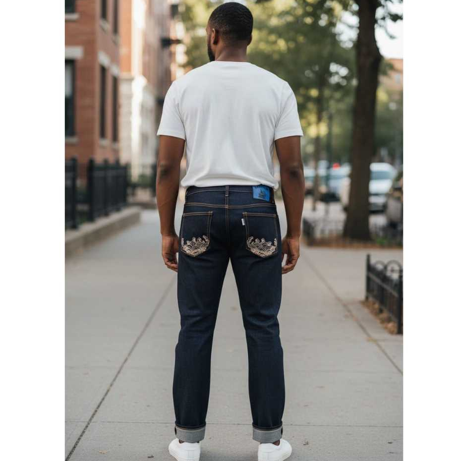 NORTH UP DENIM SELVEDGE CELANA DENIM DARK BLACK INDIGO WHITE SHELSTICH