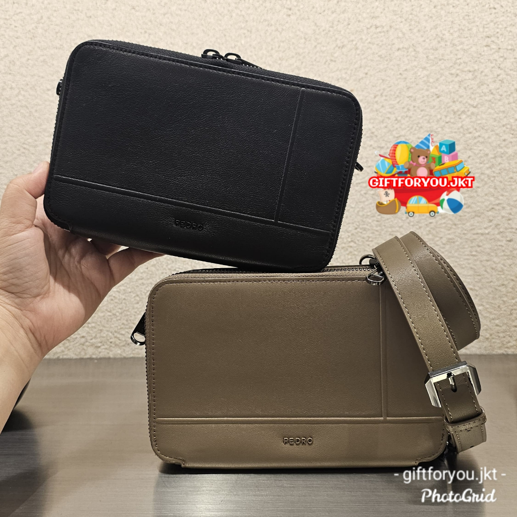 Pedro Man Pouch Tas Selempang Mini Kulit Boxy Hitam Taupe Gelap Cowok Laki-Laki Pria Crossbody Bag F