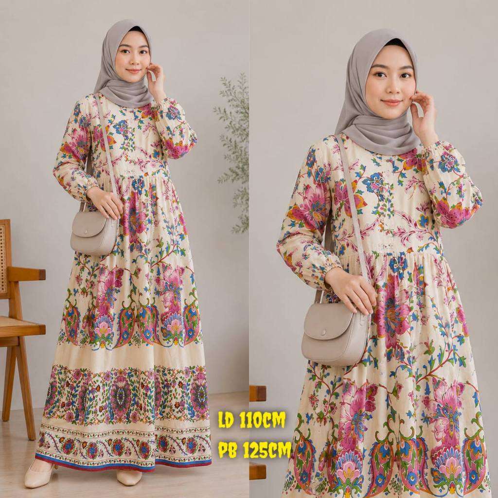Midi Dress Flower Busui Motif Bunga LD 110cm PB 125cm Bahan Rayon Premium Terlaris Gaun Muslim Kekin