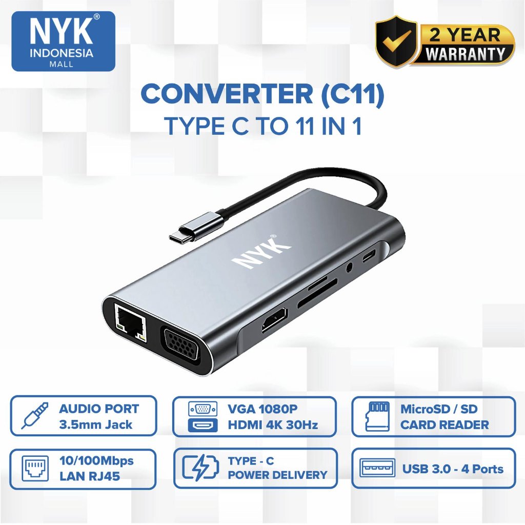 NYK Type C OTG Hub 11 in 1 To USB 3.0 HDMI VGA LAN Micro SD SD Card Portable