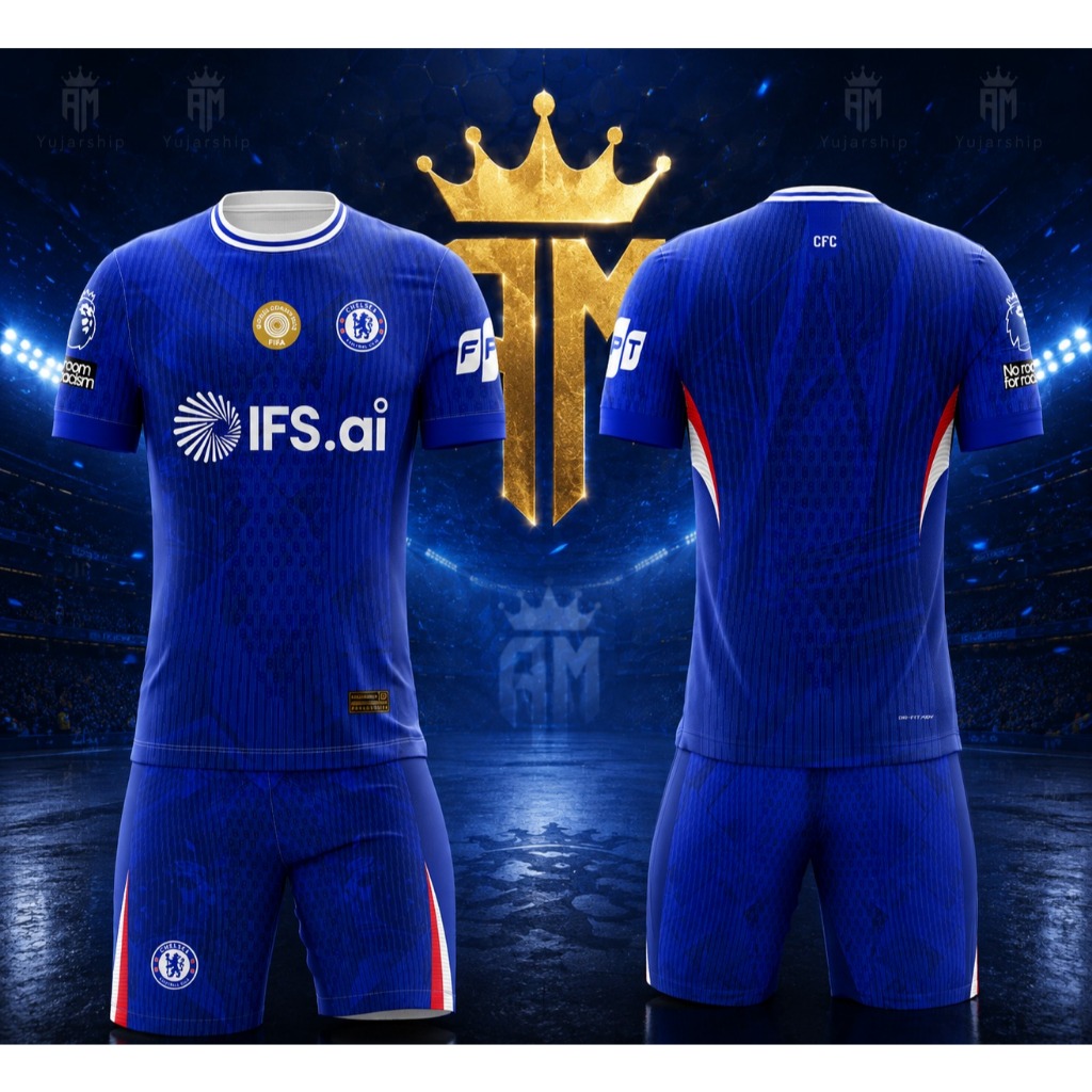 Jersey Tim Chelsea FC biru dengan celana pendek set uniform sepak bola | Setelan Baju Bola Anak Unis