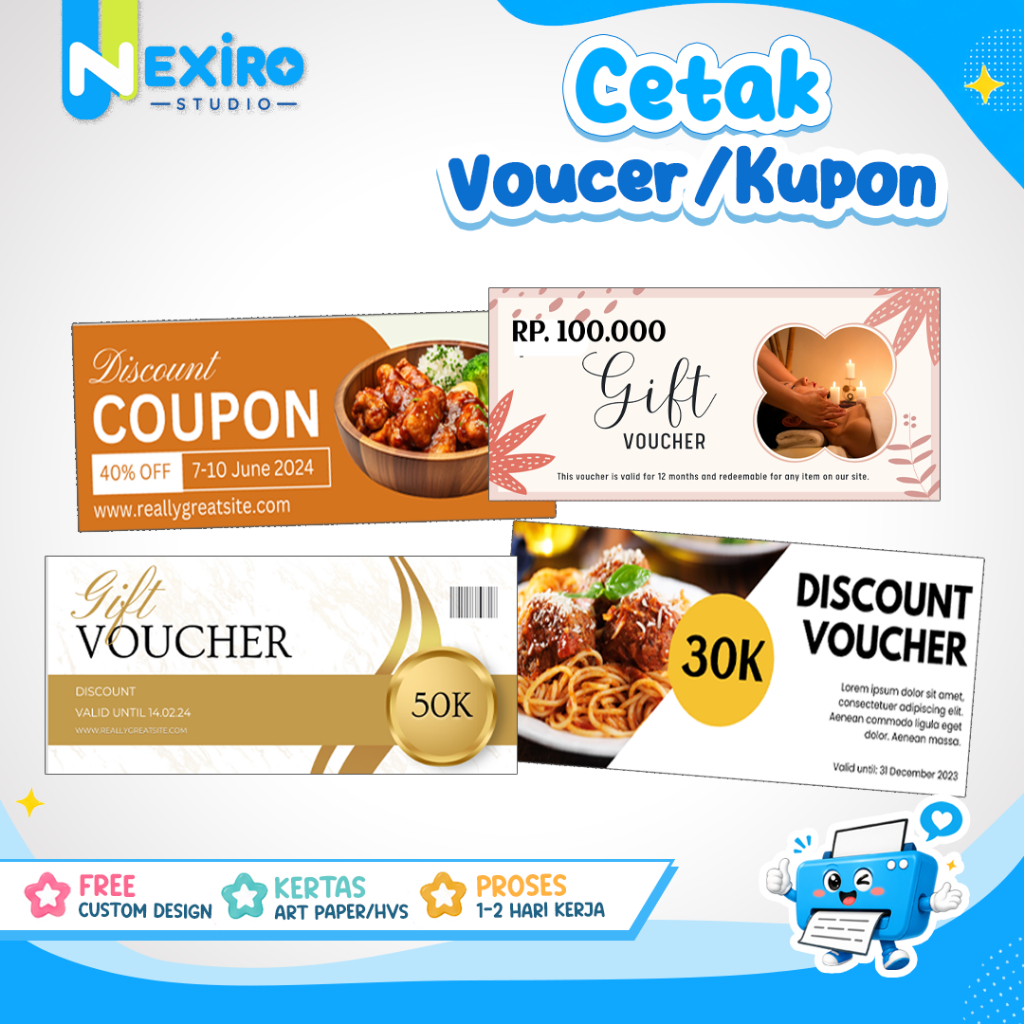 Voucer Kupon Gift Discount Karcis Custom Design Cetak berbagai ukuran