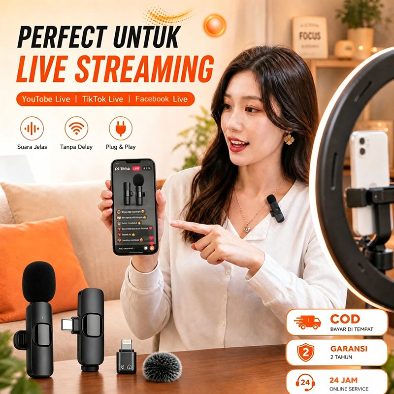[COD]Mic Wireless Koneksi Bluetooth​ Lavalier Mikrofon Live Streaming untuk YouTube TikTok Facebook 