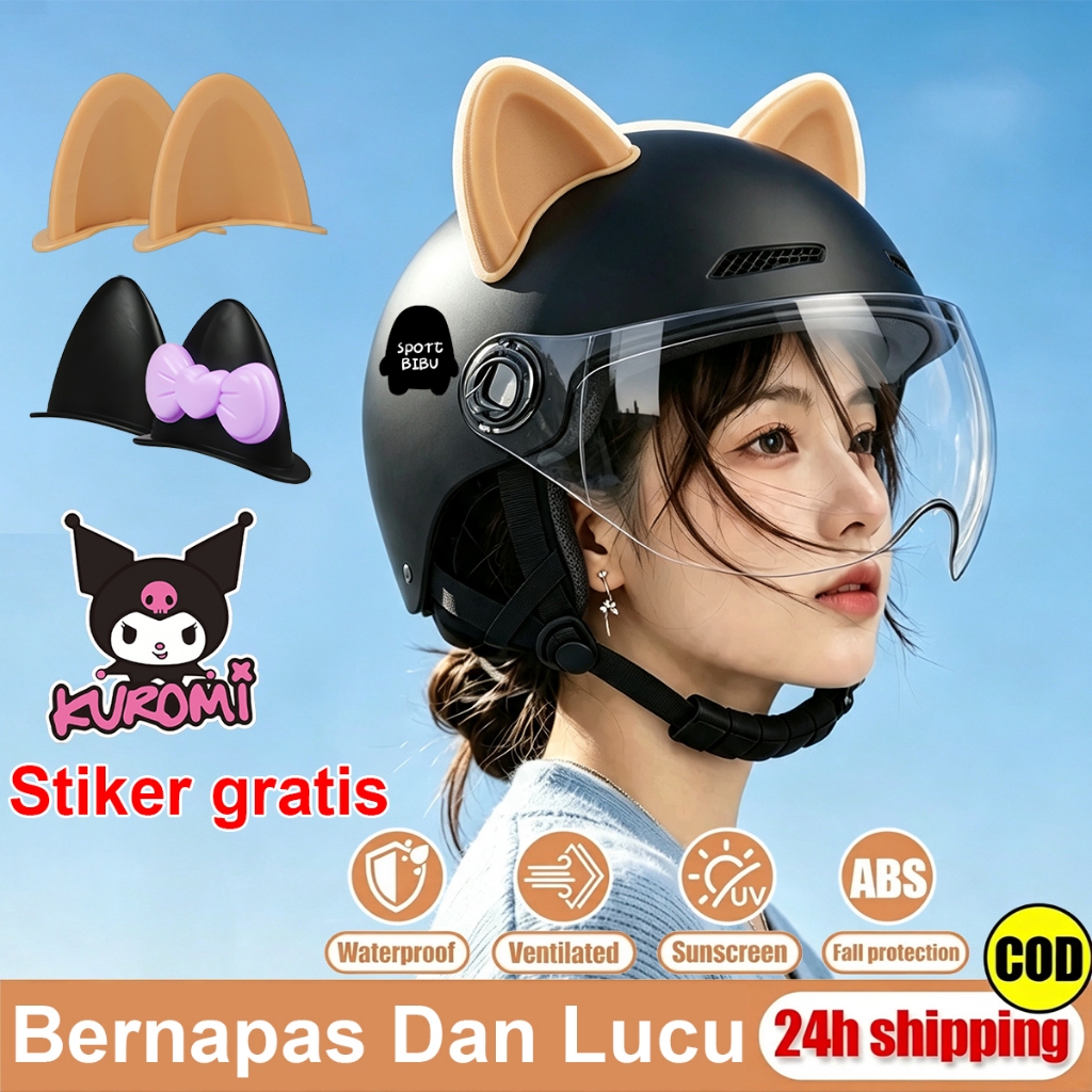 Helm Half Face Motor Helm Setengah Wajah Telinga Kucing Lucu untuk Helm Pria Helm Wanita Motor Seped