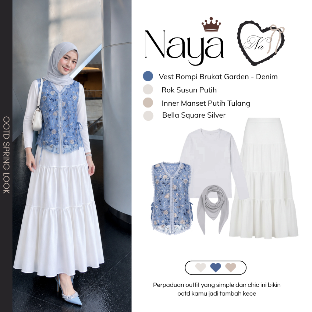 OOTD  Kondangan Wanita Kekinian ( Vest Rompi Brukat Garden - Denim,Rok Susun Putih,,Inner Manset Put
