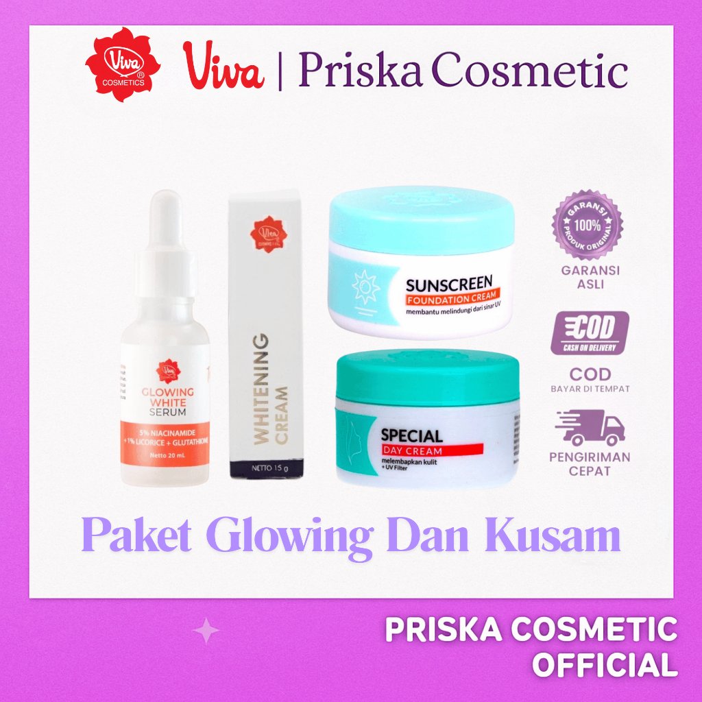 Viva Paket Glowing dan Kusam | Serum Glowing White, Whitening Cream, Day Cream, Sunscreen