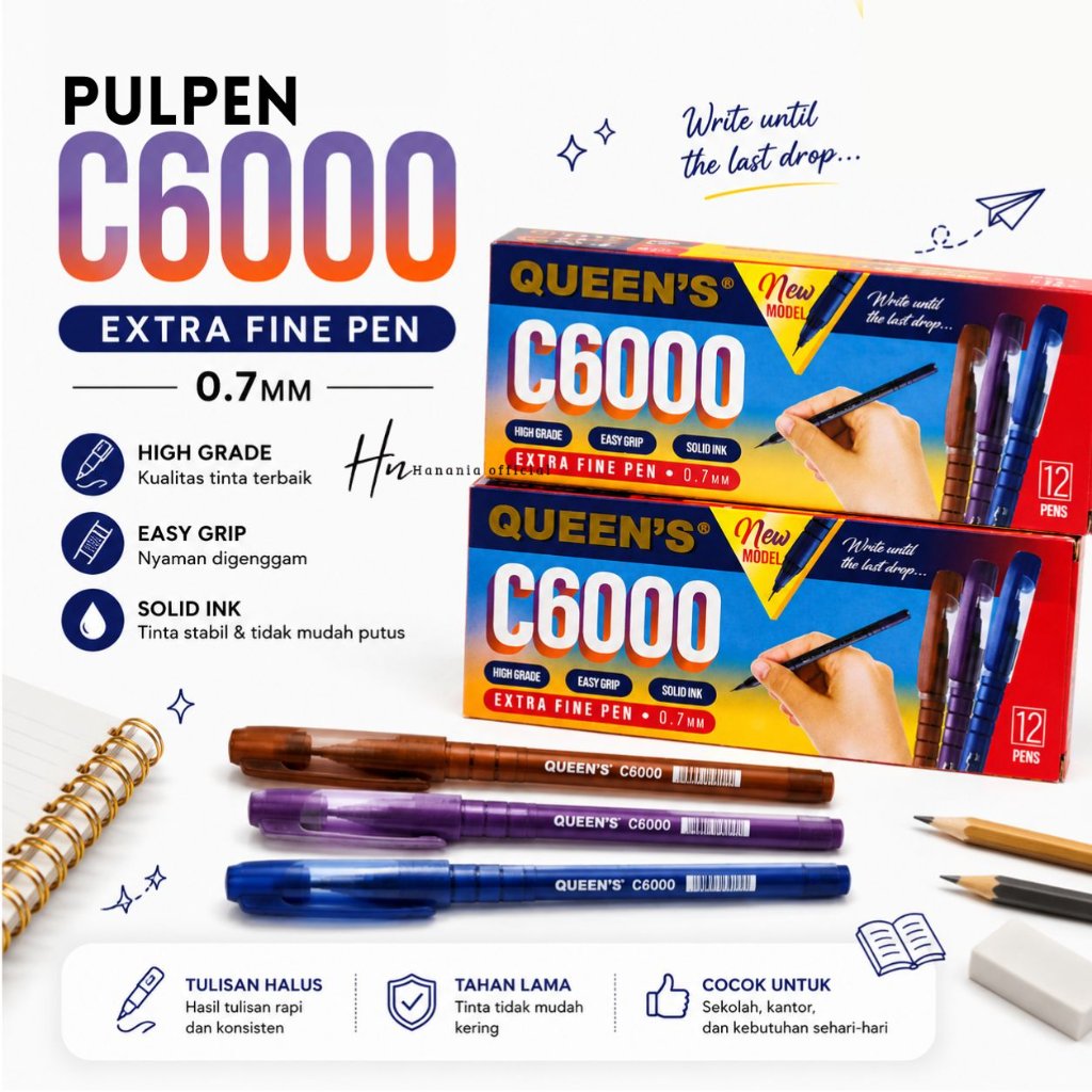 PULPEN FASTER QUEEN'S C6000 EXTRA PEN BOLPOIN FASTER PENA MURAH - WARNA HITAM (12PCS)