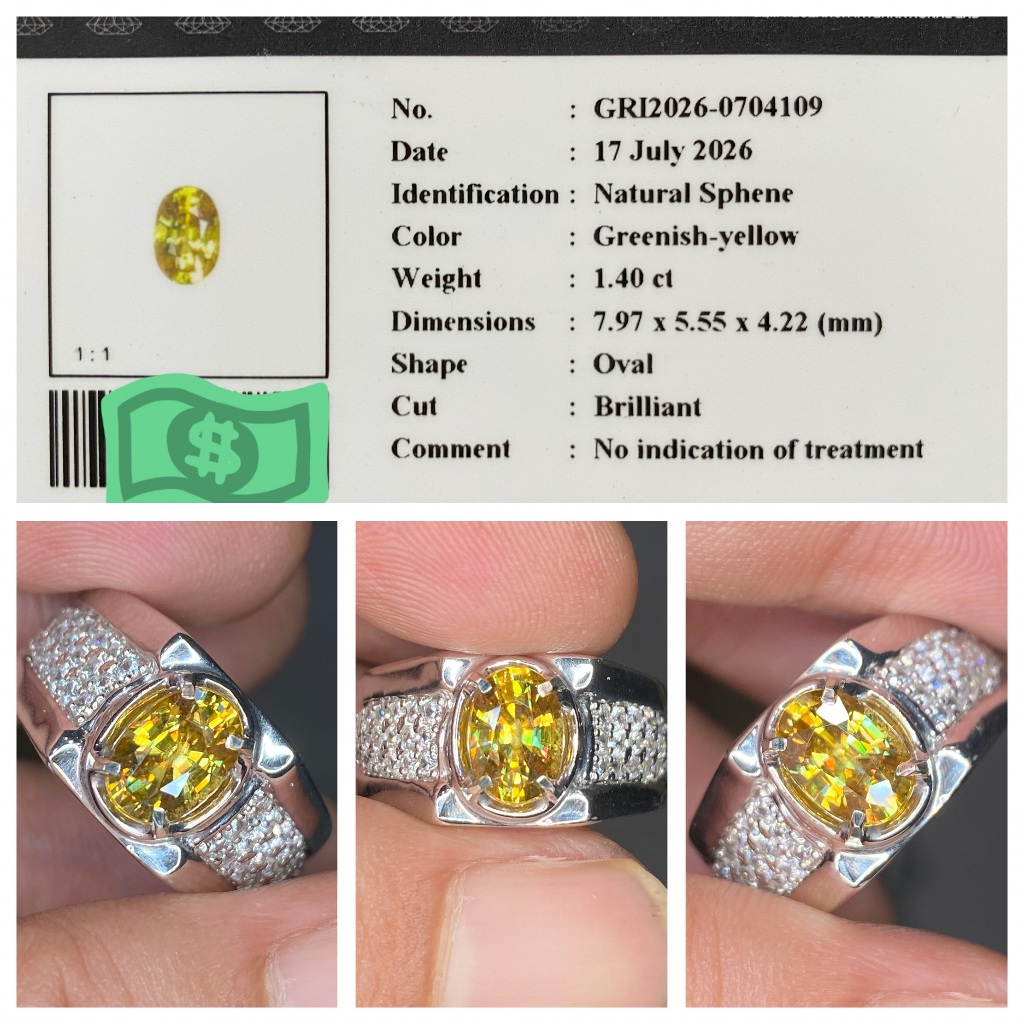 Natural 1.40ct rainbow sphene greenish yellow memo gri